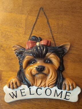 Vintage Ceramic Yorkie Welcome Wall Hanging with Red Bow